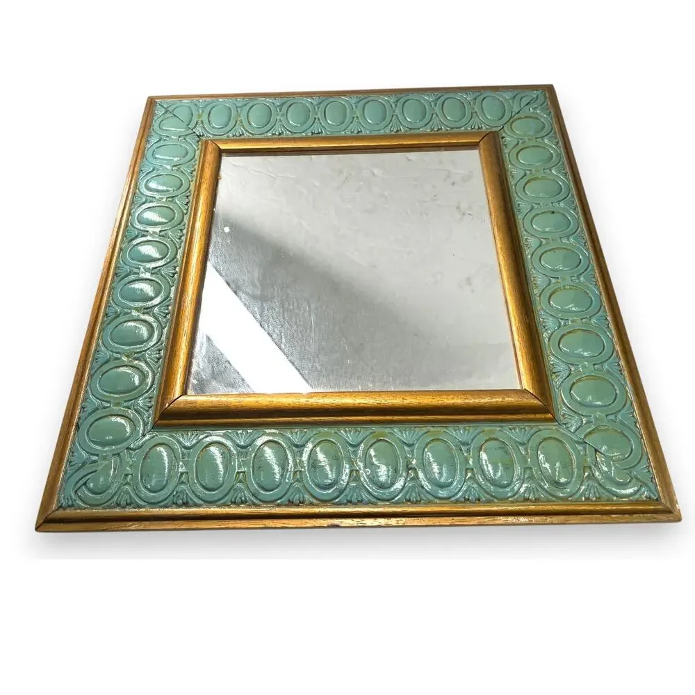 40's-50' vintage wall handing mirror pastel mint green verdigris embossed wooden